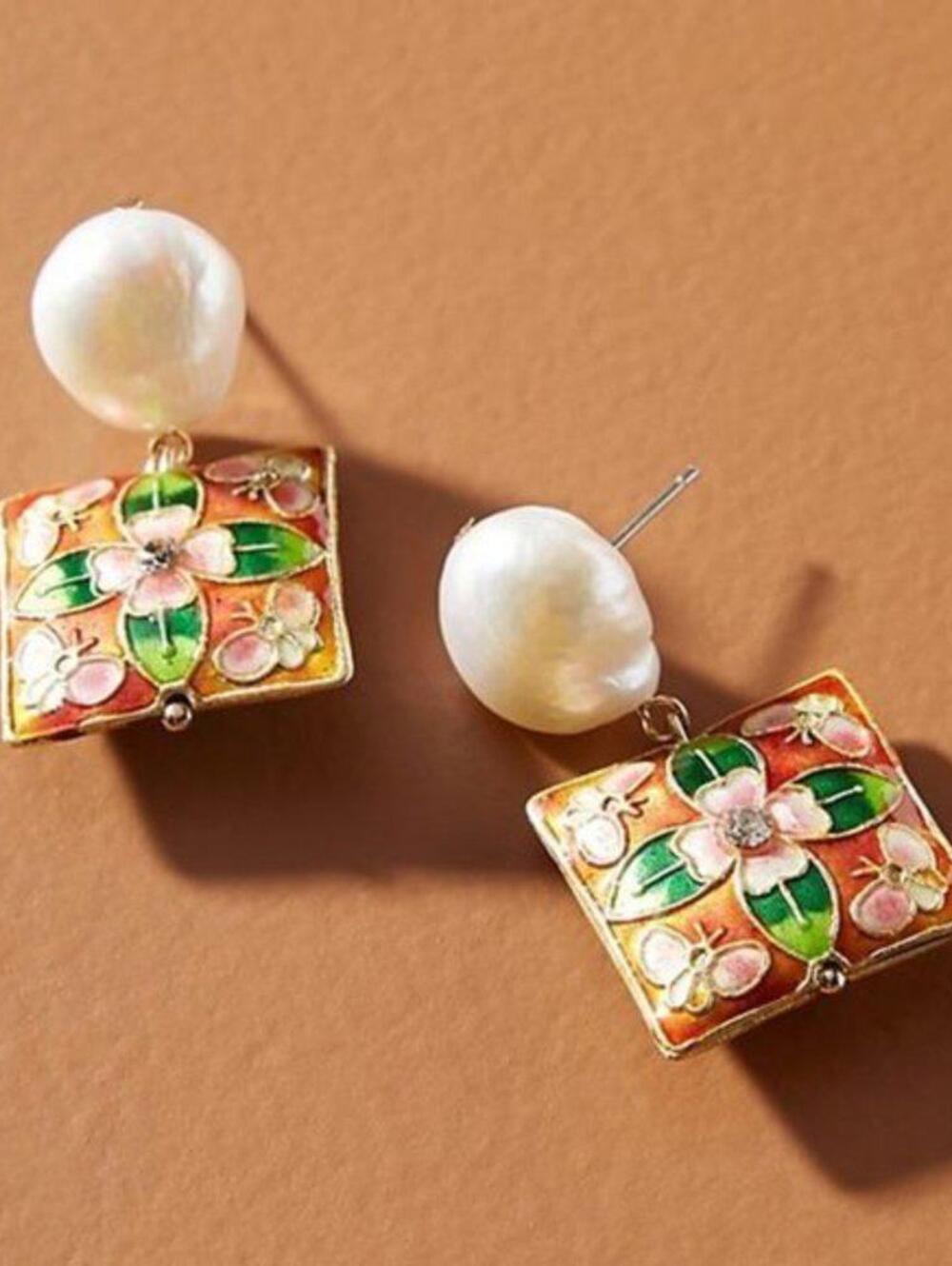 Anthropologie Cloisonne Pearl Drop Earrings